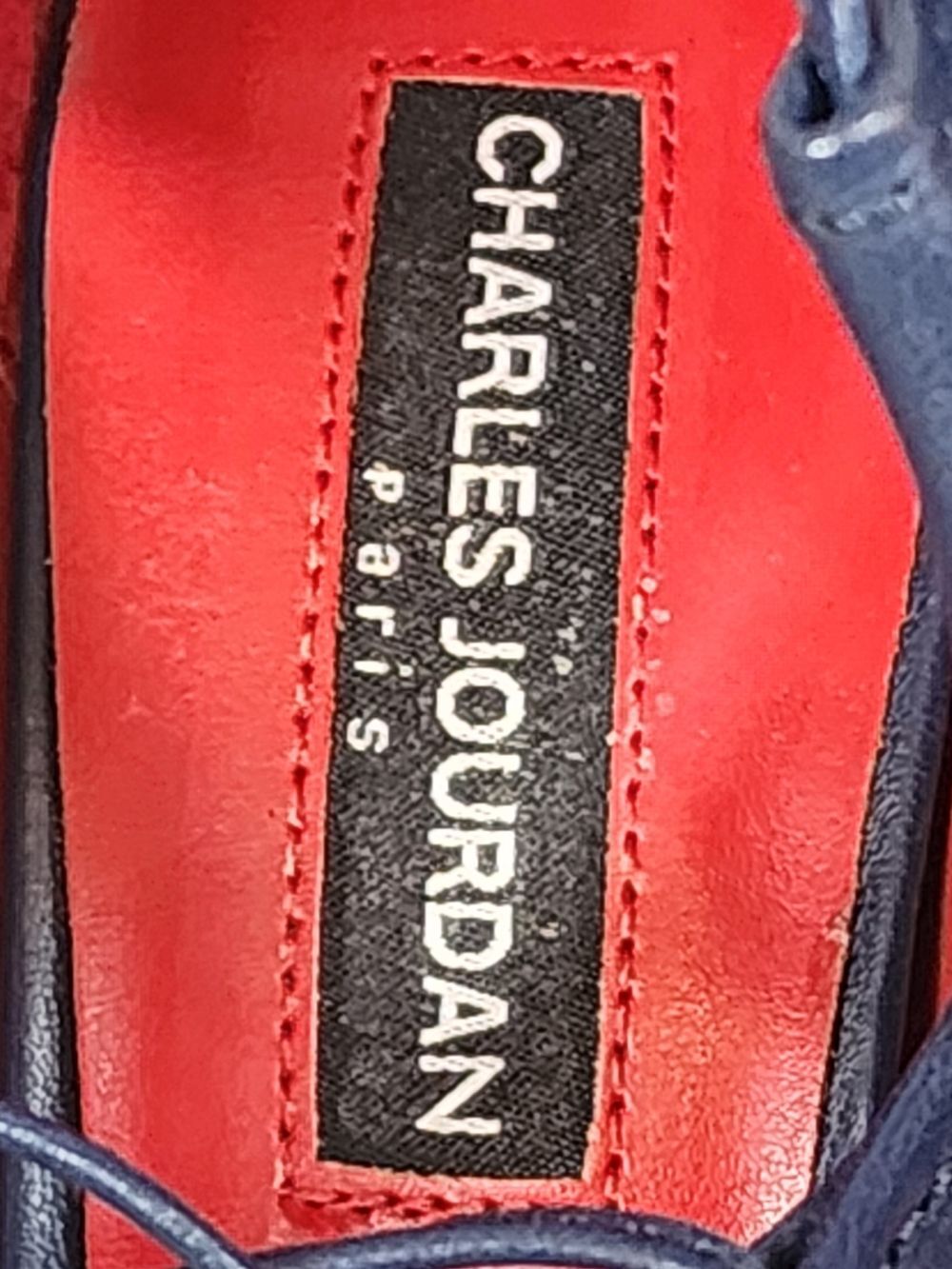 Charles Jourdan India Pump Navy Pointed Lace-Up Heels with Red Interior - Picture 8 of 13
